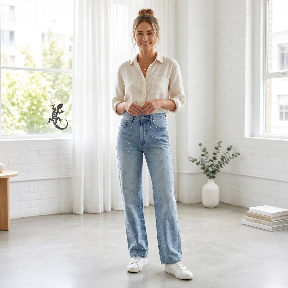 Pistola Aries Straight Leg Jeans Womens 27 Light Wash Silver Allover Stud Detail - Picture 2 of 13